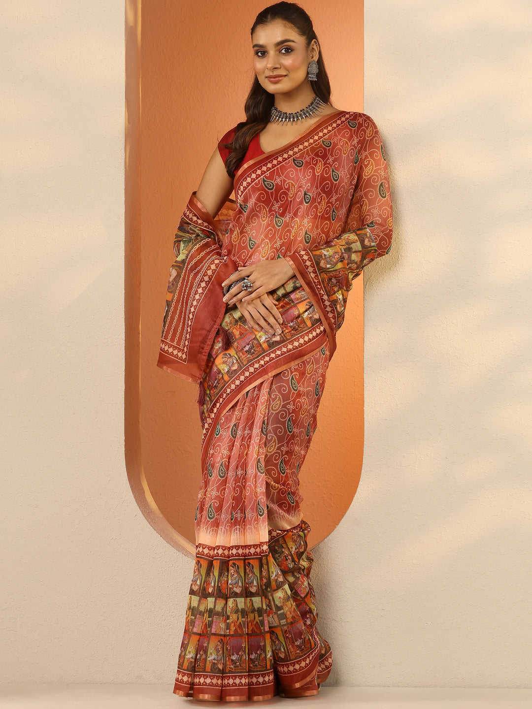  Rust Bandhani Printed Silk Blend Saree With Unstitched Blouse Piece 