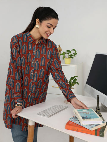 Gerua Rust Block Printed Cotton Blend Shirt