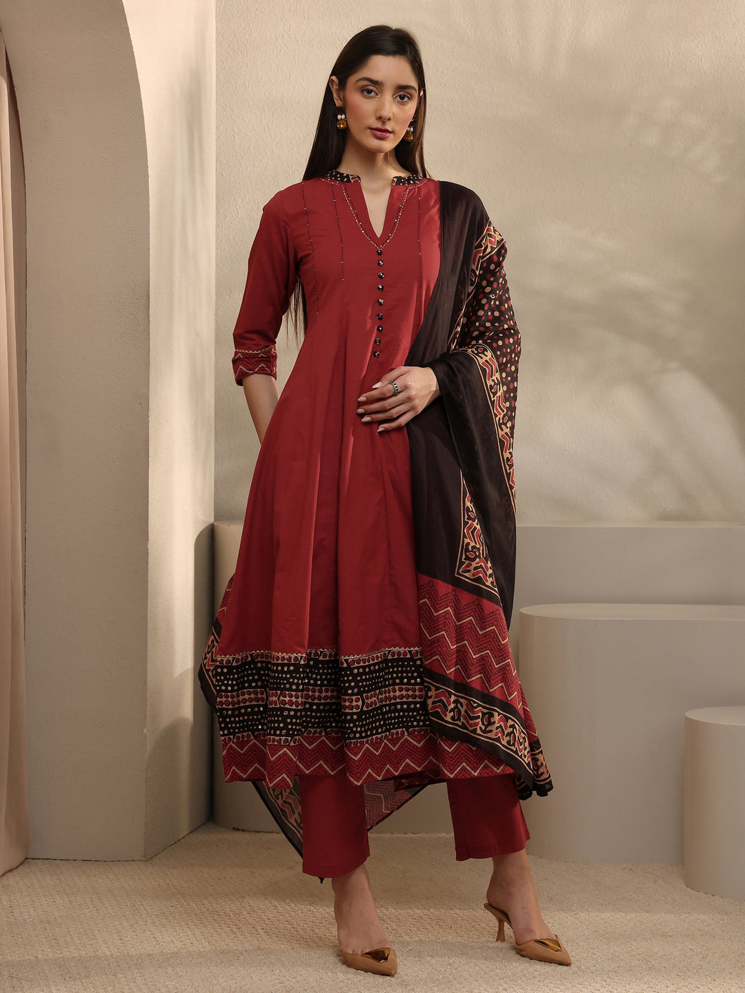Rust Cotton Anarkali Suit Set with Dupatta