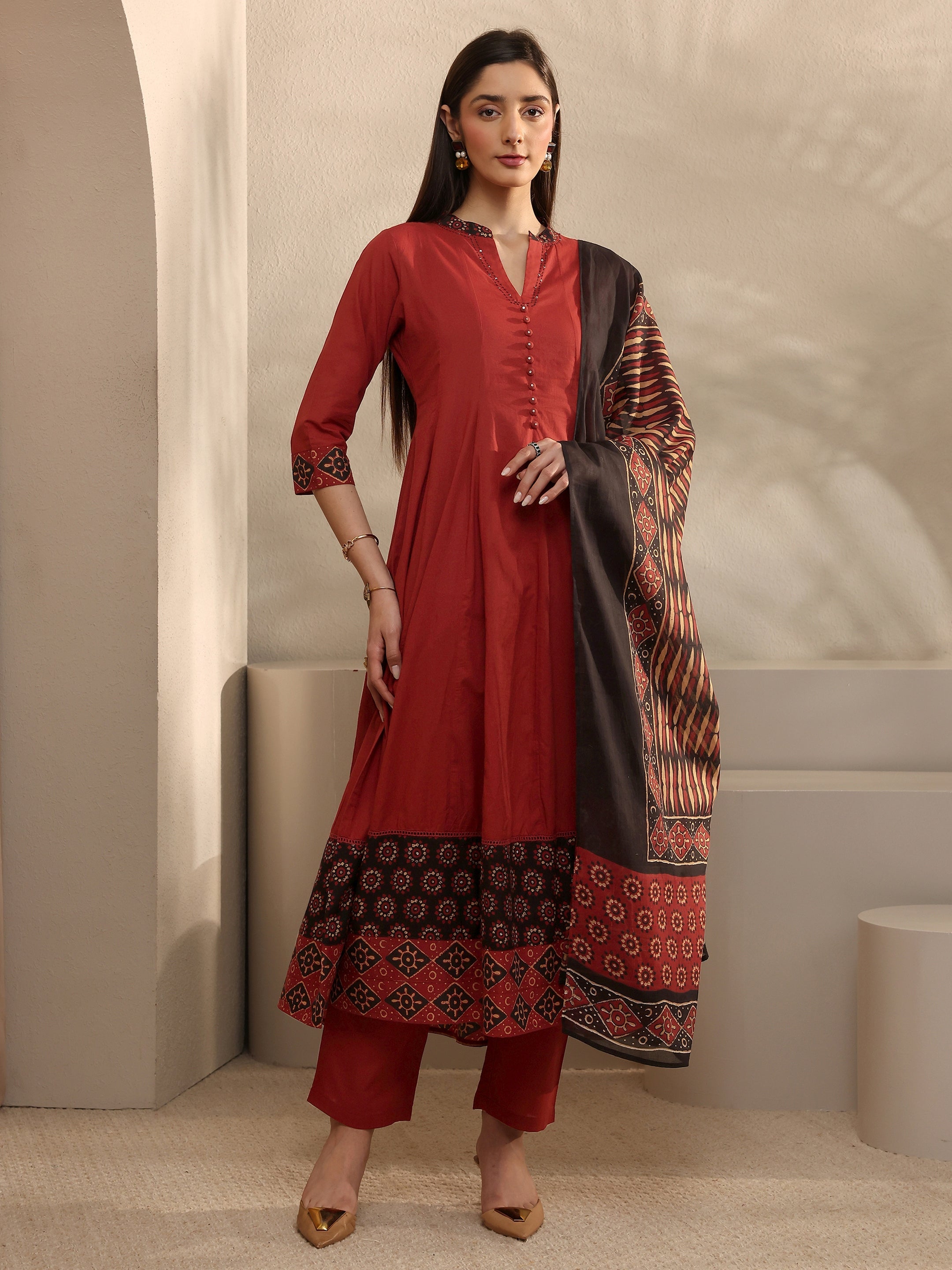 Rust Cotton Anarkali Suit Set with Dupatta-image-42