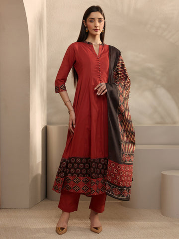 Rust Cotton Anarkali Suit Set with Dupatta