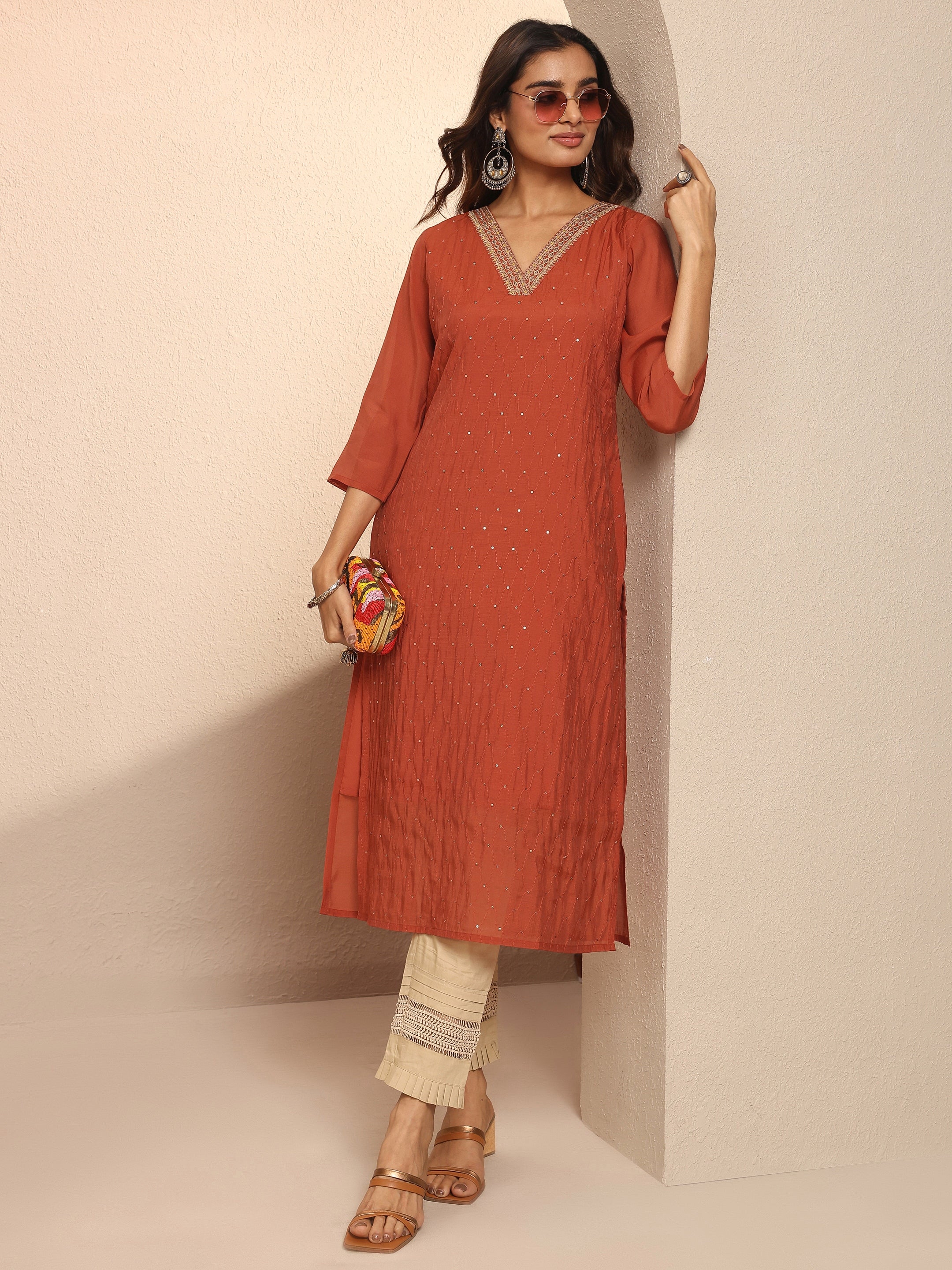 libas Rust Embellished Chanderi Cotton Straight Kurta-picture-52