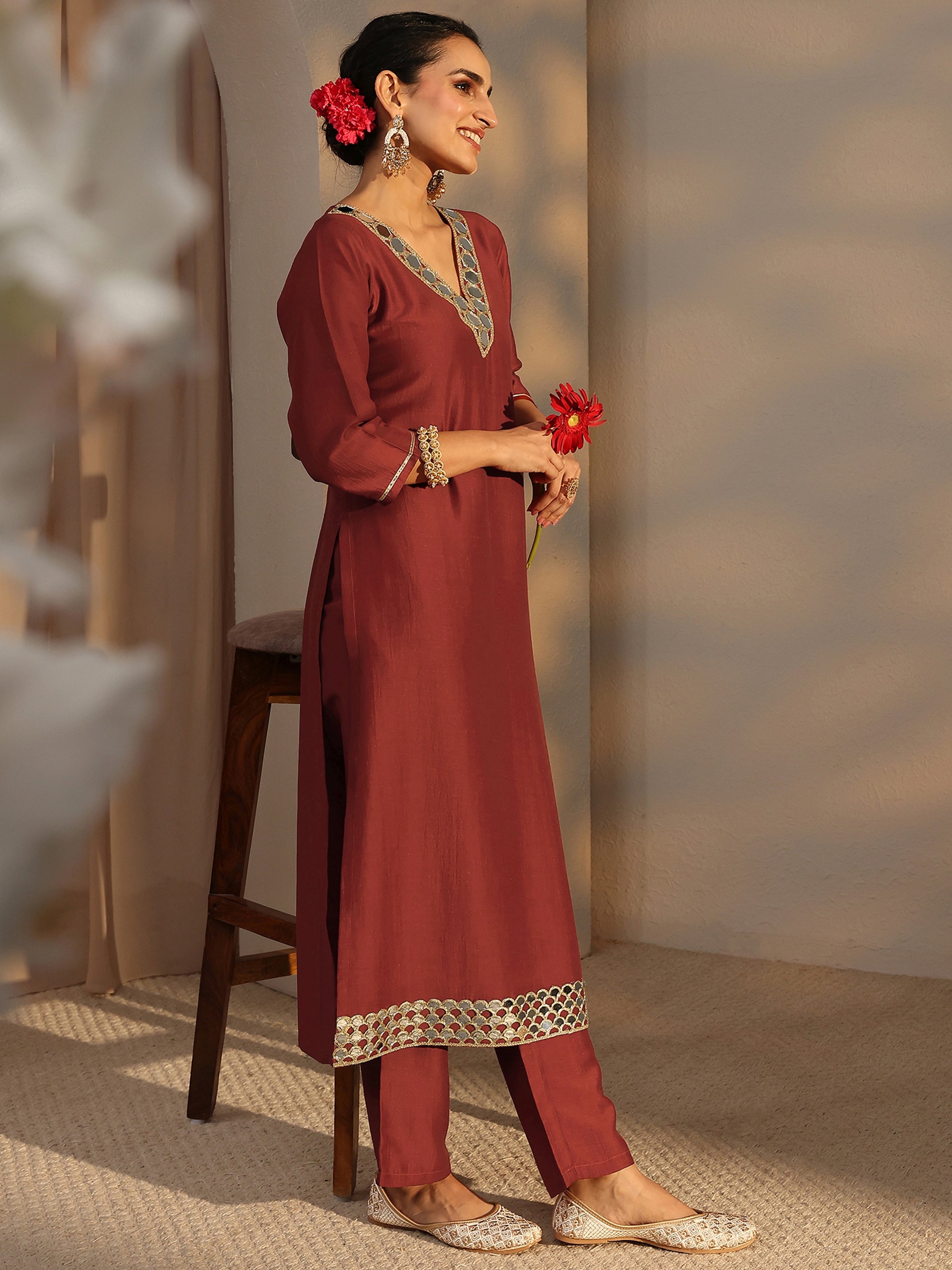 Rust Embellished Silk Blend Straight Kurta Set-image-26