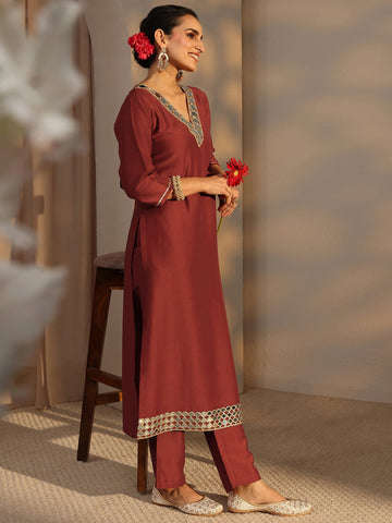 Rust Embellished Silk Blend Straight Kurta Set