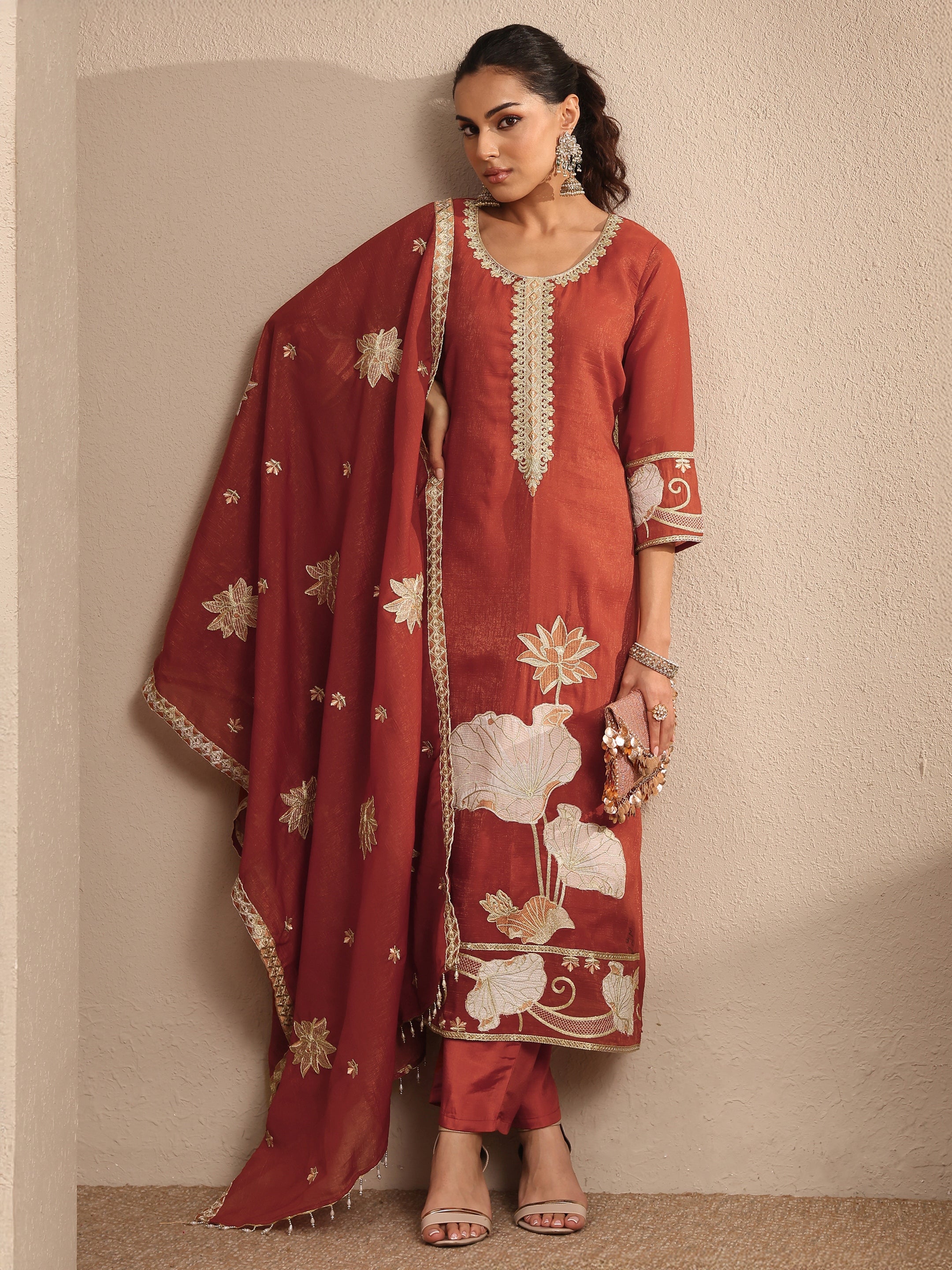 libas Rust Embroidered Chinon Straight Suit Set With Dupatta-picture-66
