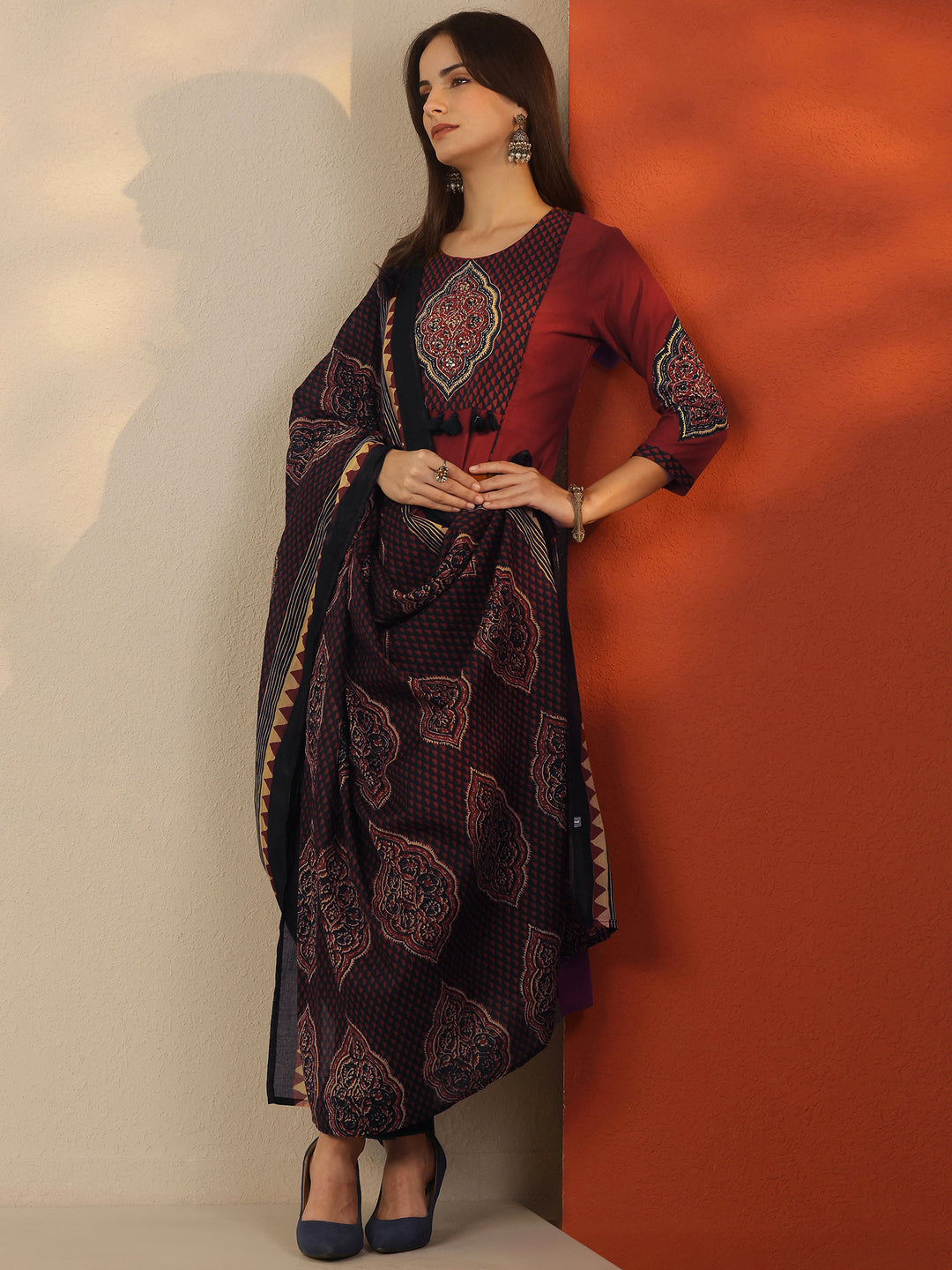 Rust Embroidered Cotton Straight Suit Set With Dupatta