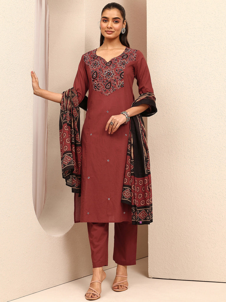 Libas Rust Embroidered Cotton Straight Suit Set With Dupatta