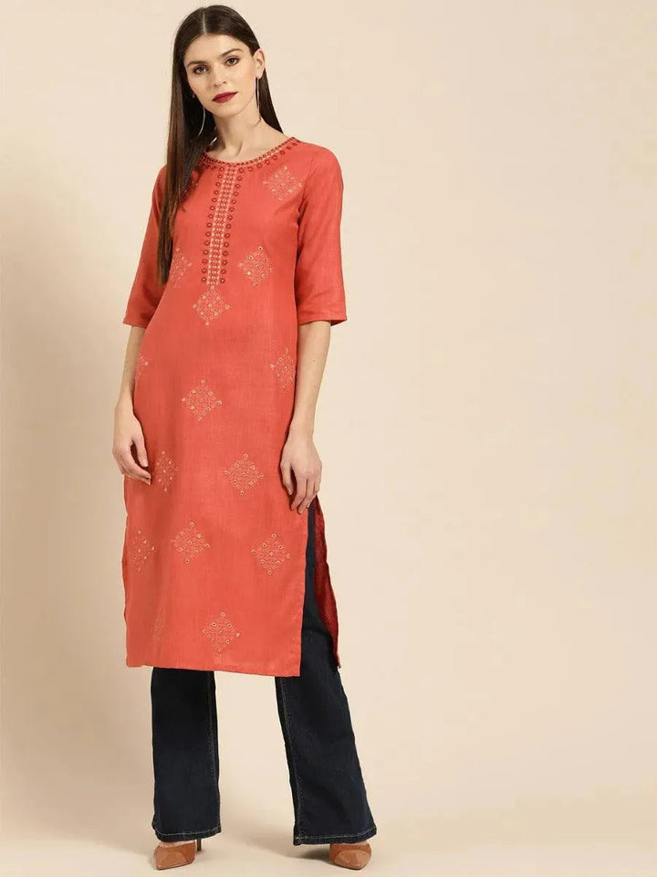 Rust Embroidered Linen Kurta - Libas
