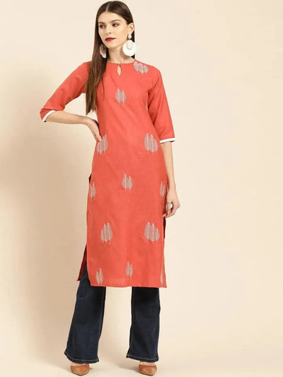 Rust Embroidered Linen Kurta - Libas