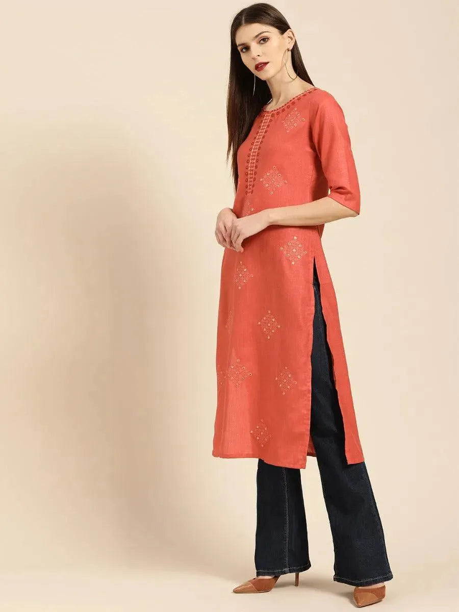 Rust Embroidered Linen Kurta - Libas 