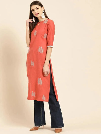 Rust Embroidered Linen Kurta - Libas