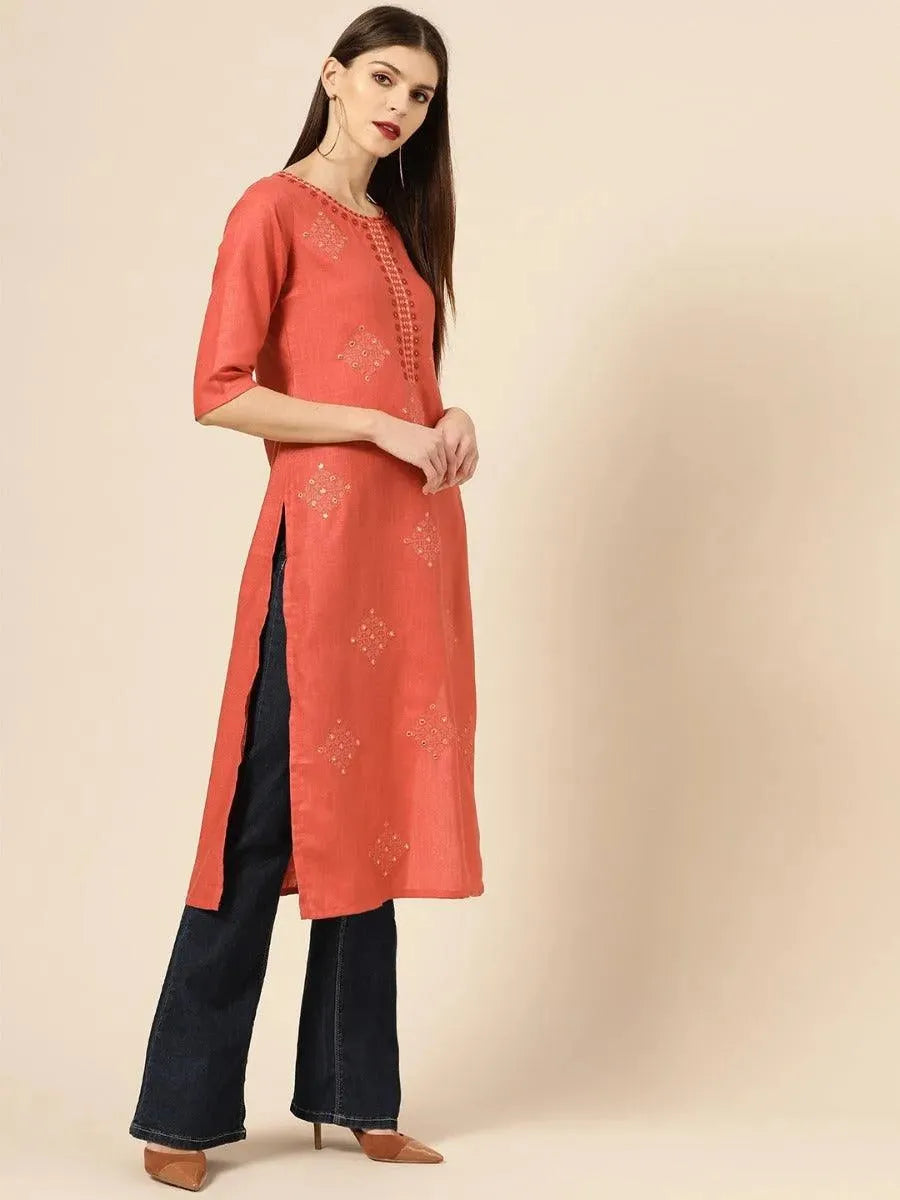 Rust Embroidered Linen Kurta - Libas 