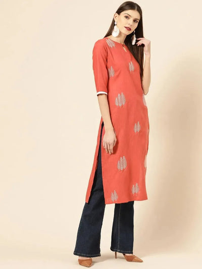 Rust Embroidered Linen Kurta - Libas