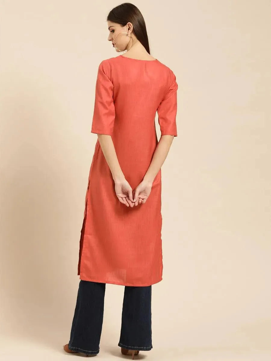 Rust Embroidered Linen Kurta - Libas 