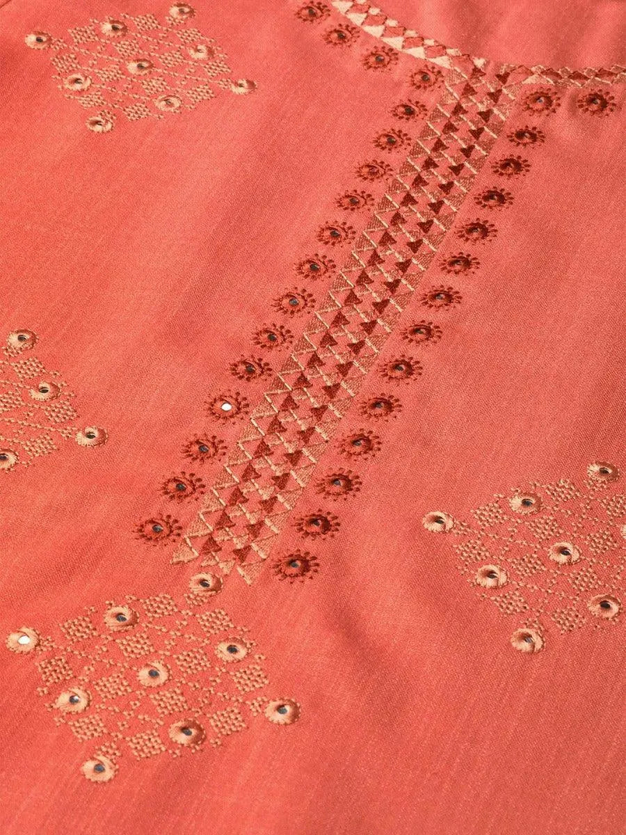 Rust Embroidered Linen Kurta - Libas 