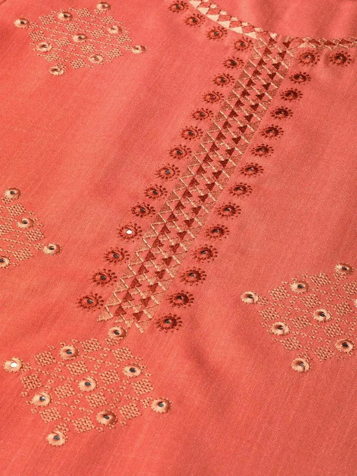 Rust Embroidered Linen Kurta - Libas