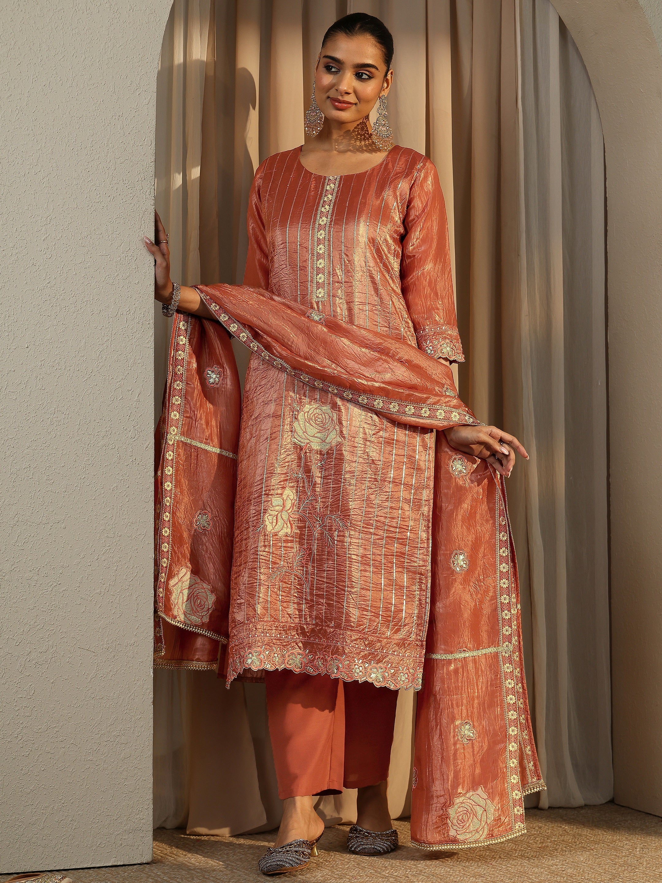 Rust Embroidered Organza Straight Suit Set With Dupatta-image-20