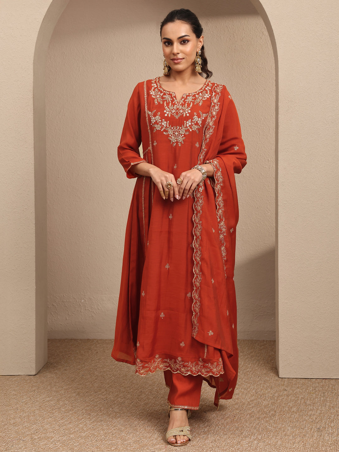  Rust Embroidered Silk Blend A-Line Suit Set With Dupatta 