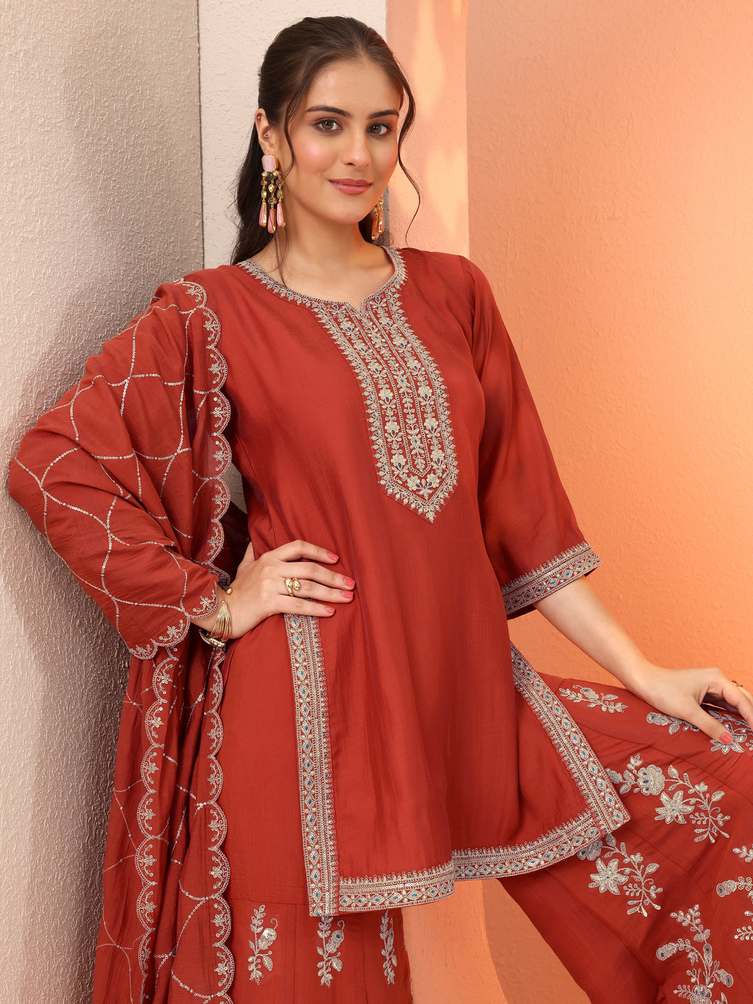  Rust Embroidered Silk Blend Straight Suit Set With Dupatta 