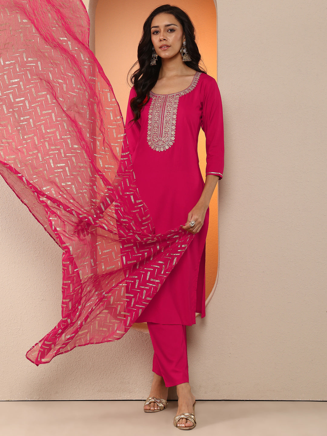 Rust Embroidered Silk Blend Straight Suit Set With Dupatta