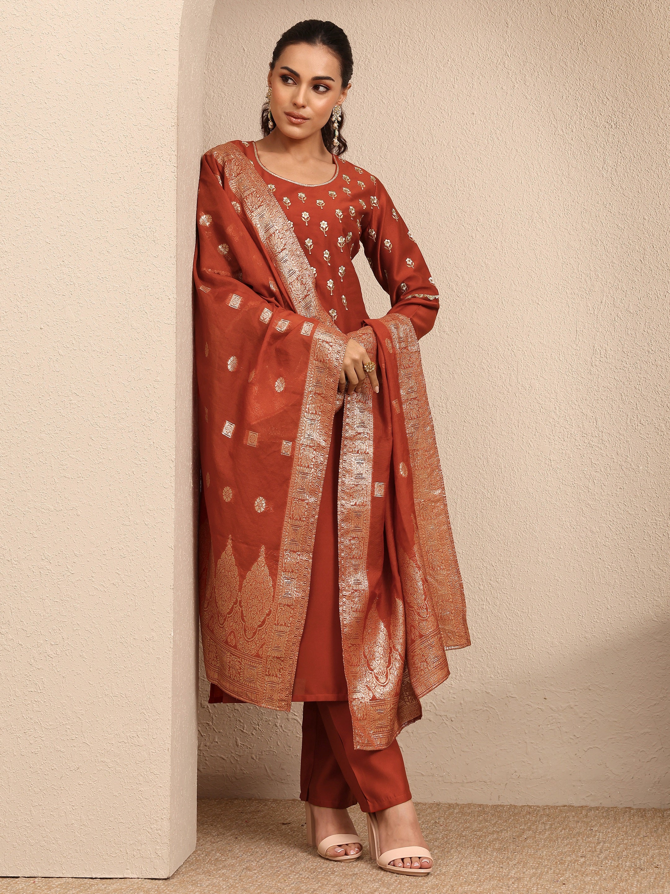libas Rust Embroidered Silk blend Straight Suit Set With Dupatta-picture-26