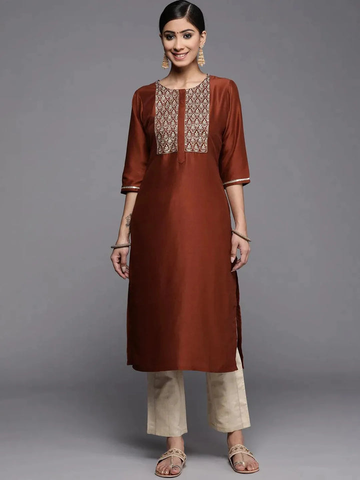 Rust Embroidered Silk Kurta - Libas