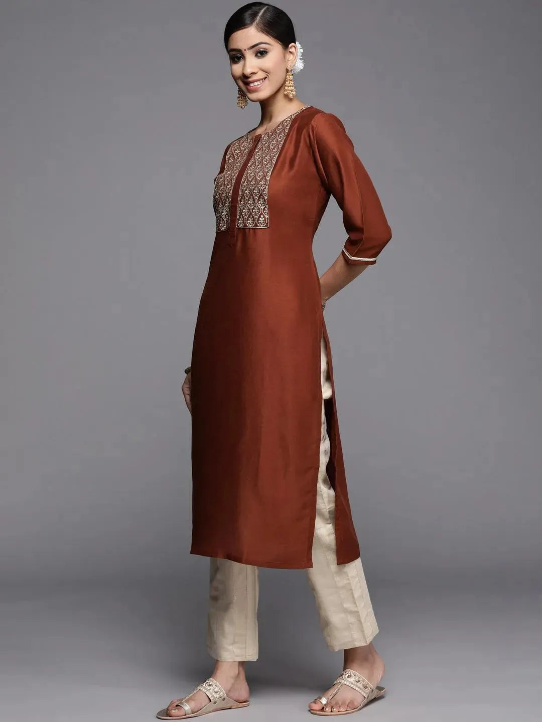 Rust Embroidered Silk Kurta - Libas