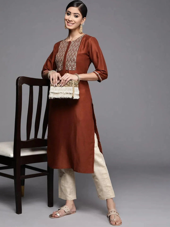 Rust Embroidered Silk Kurta - Libas