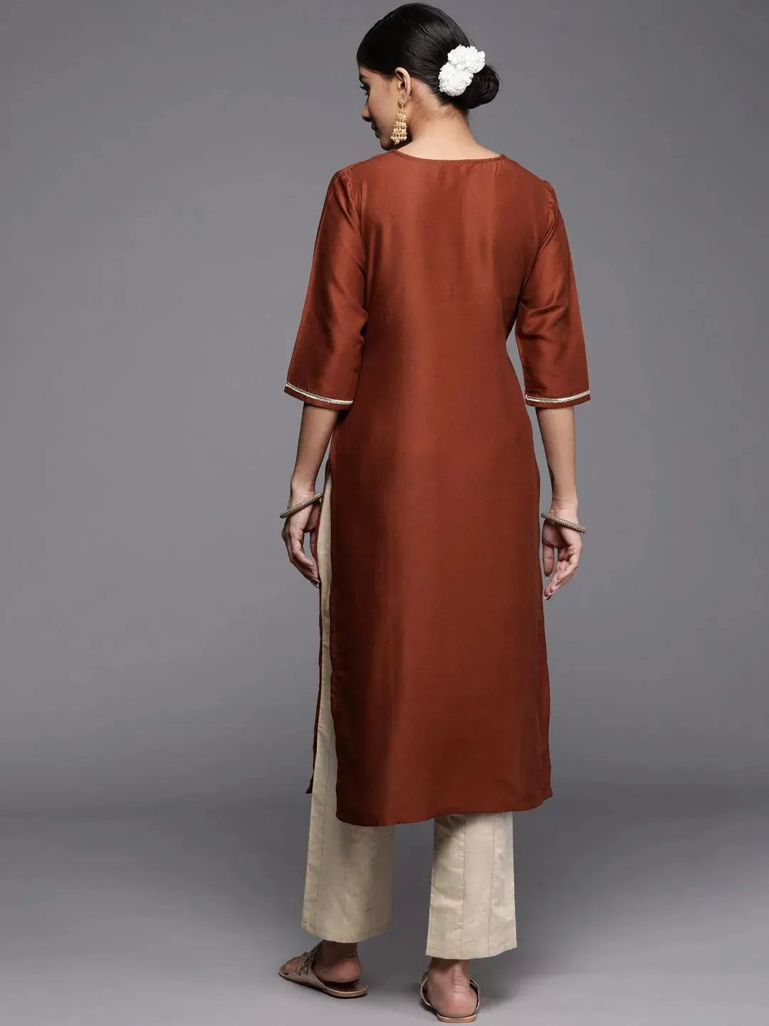 Rust Embroidered Silk Kurta - Libas