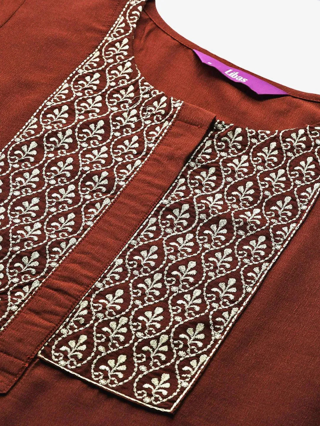 Rust Embroidered Silk Kurta - Libas