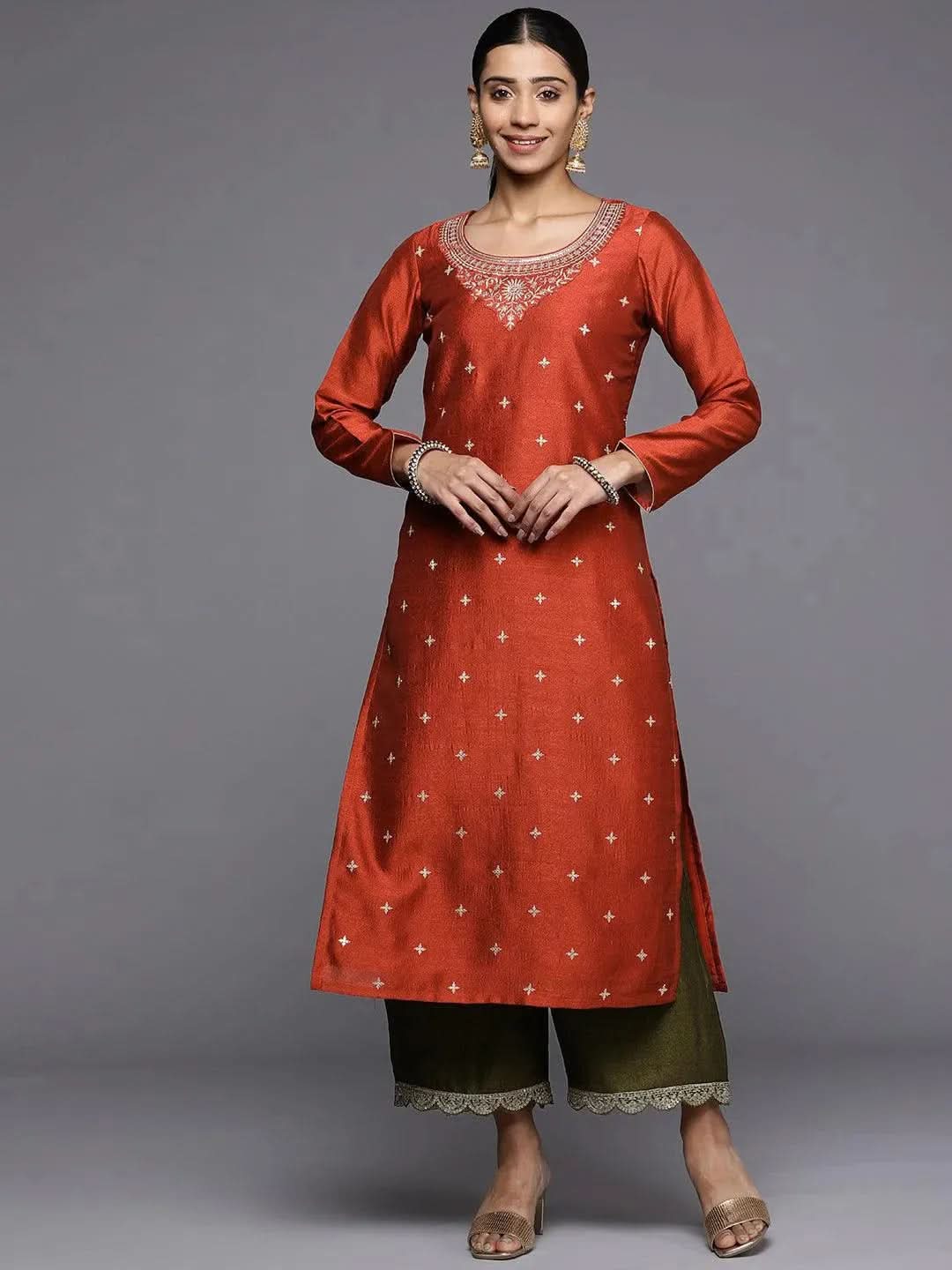 

Rust Embroidered Silk Straight Kurta