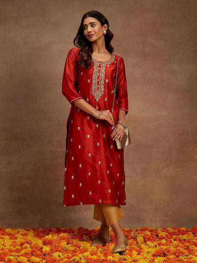 Rust Embroidered Silk Straight Kurta - Libas