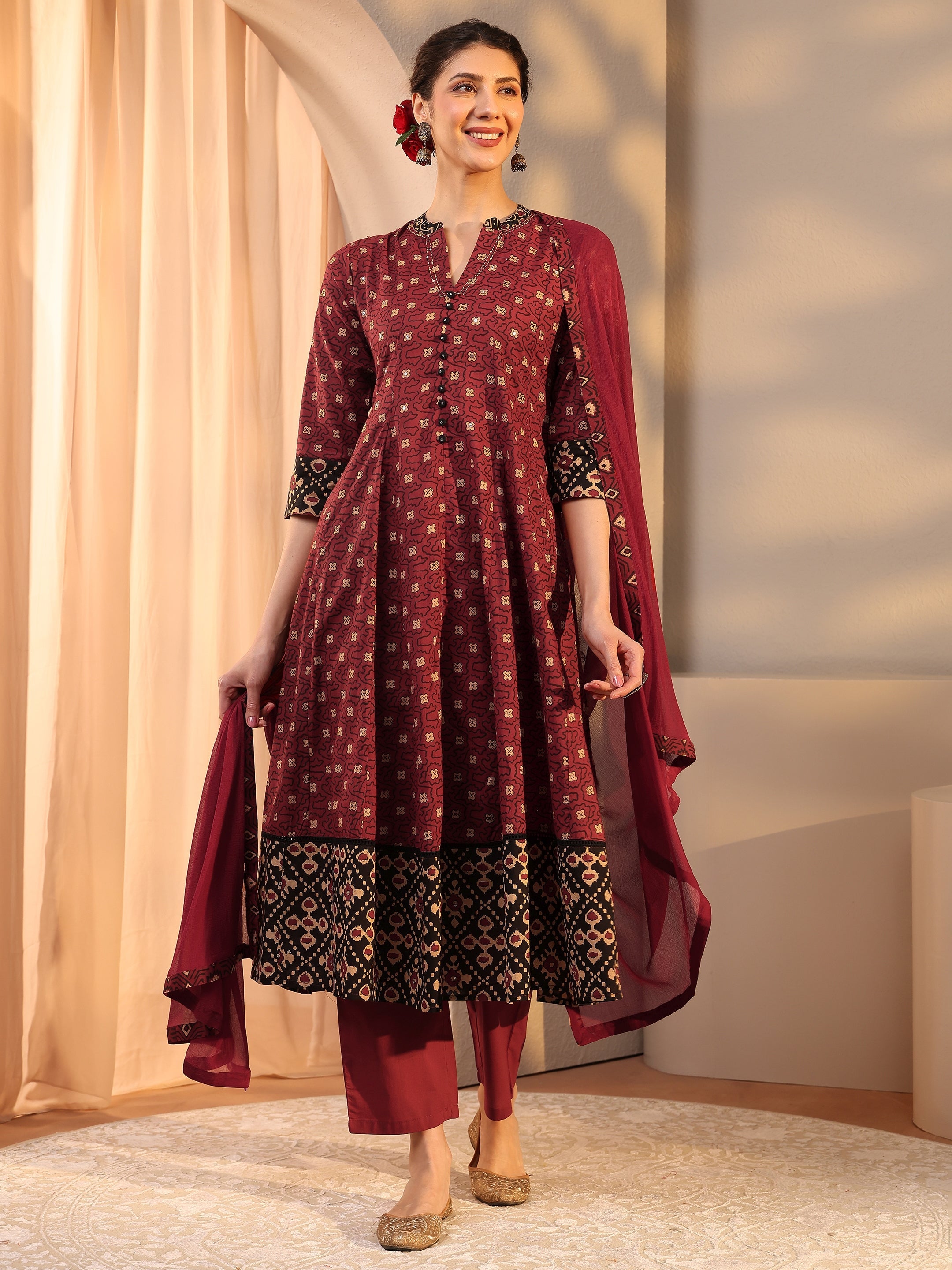 libas Rust Ethnic Motif Printed Cotton Anarkali Suit Set With Dupatta-picture-22
