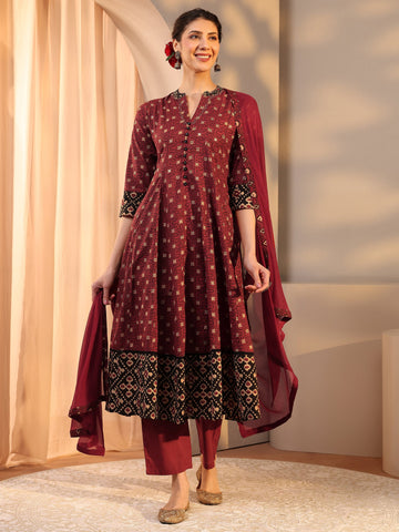 Rust Ethnic Motif Printed Cotton Anarkali Suit Set With Dupatta