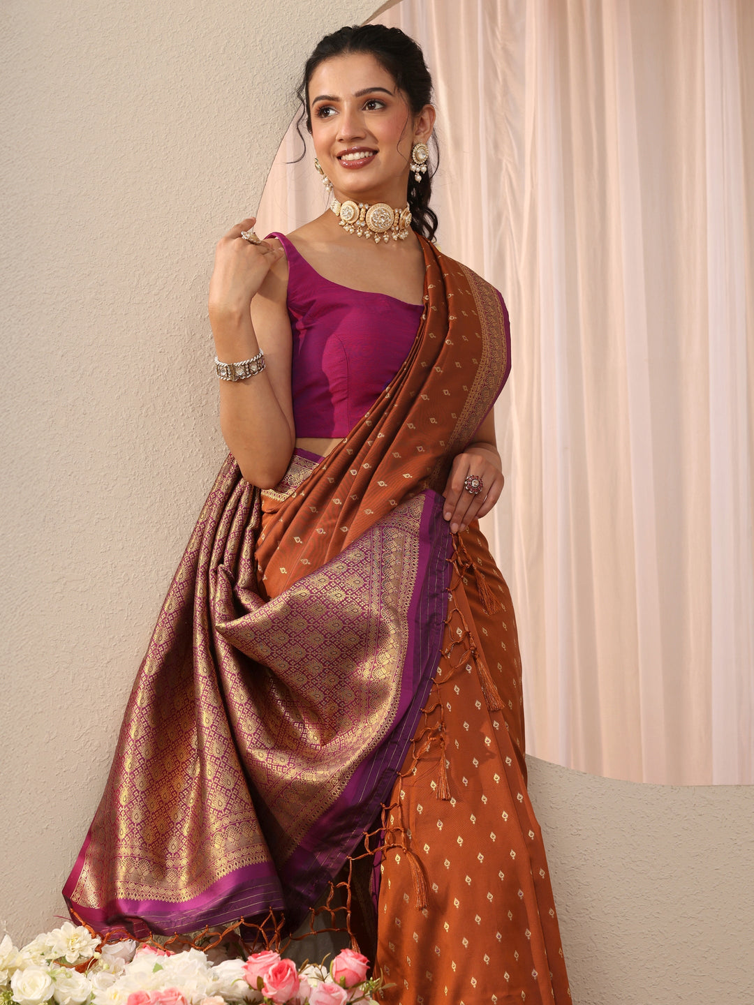 Libas Rust Kanjeevaram Silk Blend Saree