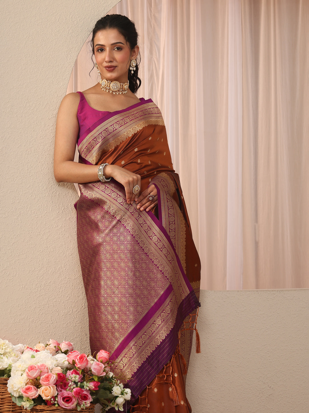 Rust Ethnic Motif Self Design Silk Blend Saree