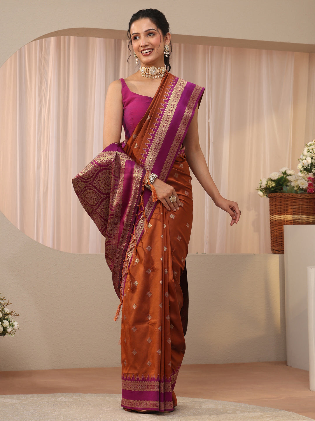 Rust Ethnic Motif Self Design Silk Blend Saree