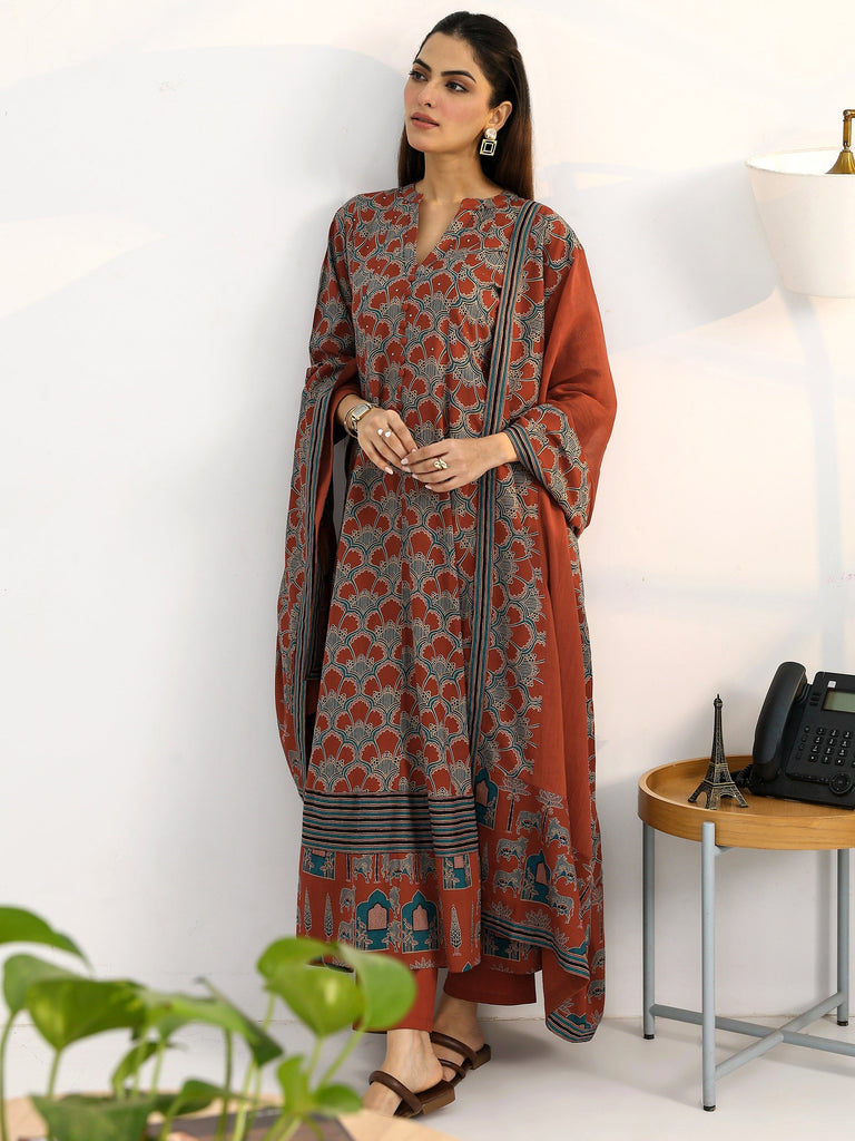 Gerua Rust Ethnic Motifs Printed Cotton Blend A-Line Suit Set With Dupatta