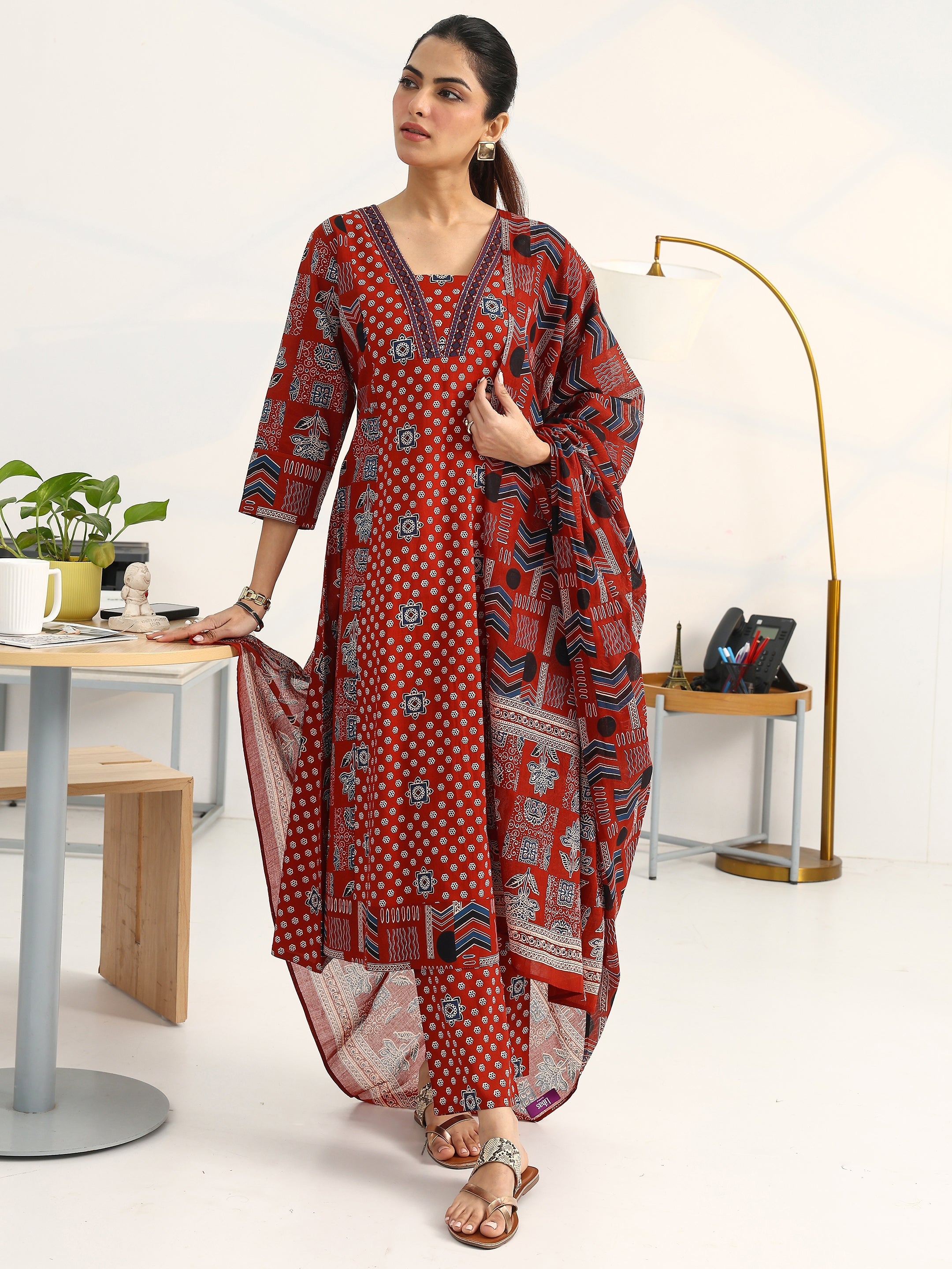 Rust Ethnic Motifs Printed Cotton Blend A-Line Suit Set With Dupatta-image-26