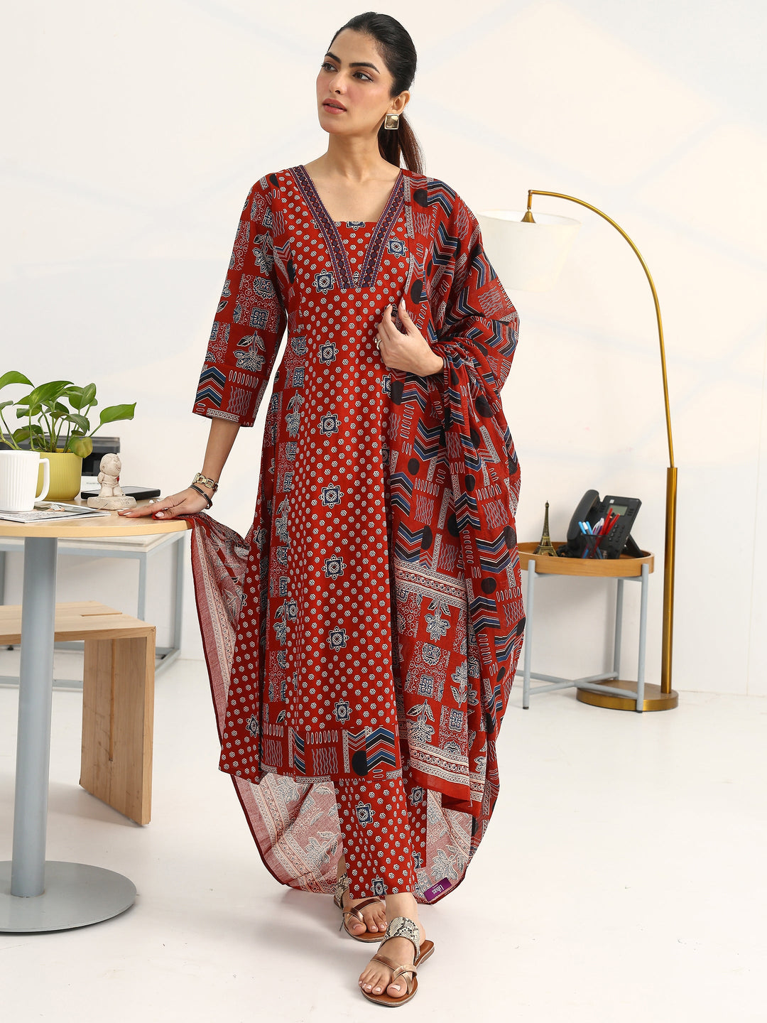 Rust Ethnic Motifs Printed Cotton Blend A-Line Suit Set With Dupatta