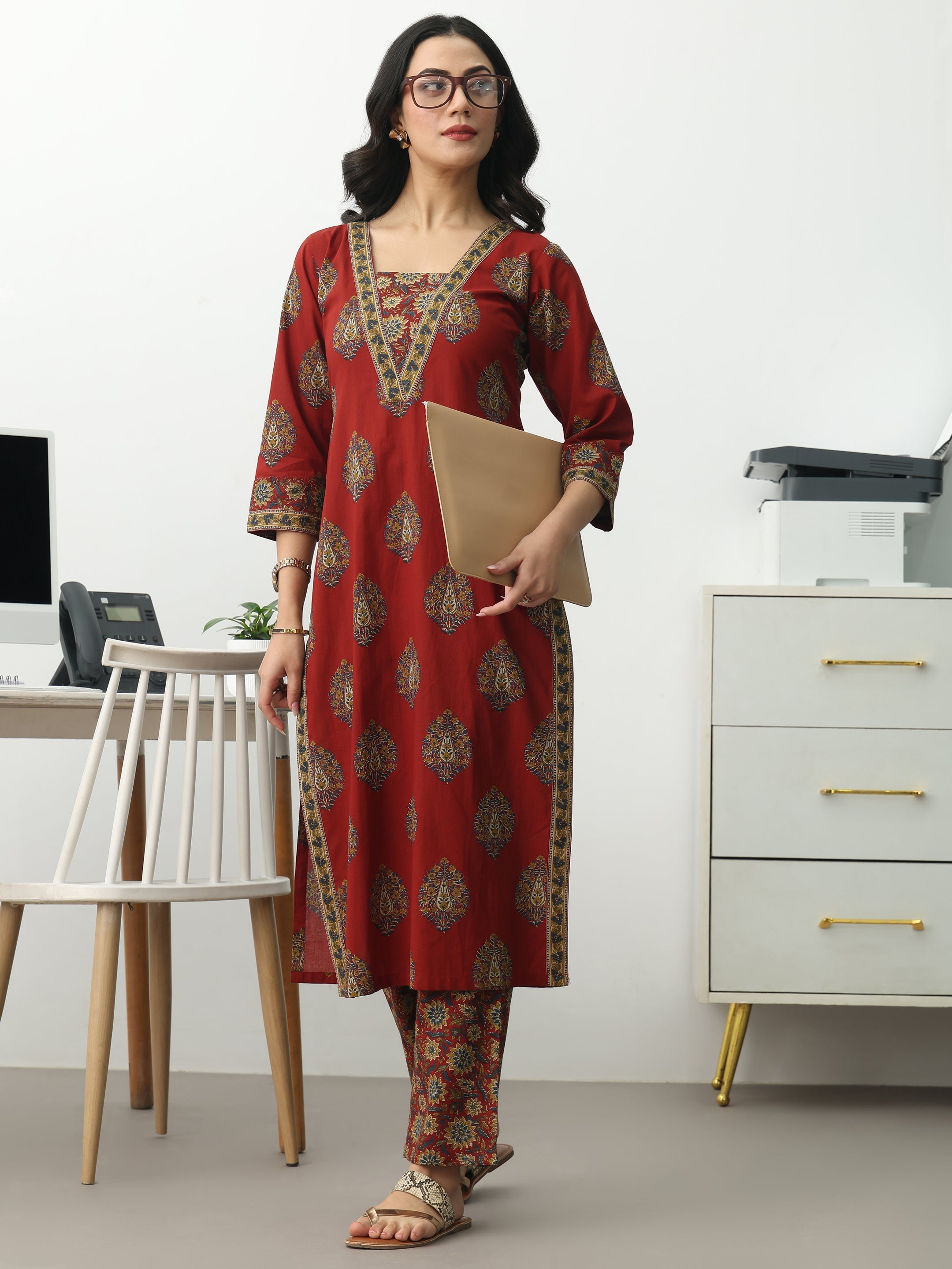 libas Rust Ethnic Motifs Printed Cotton Blend Straight Kurta Set-picture-24