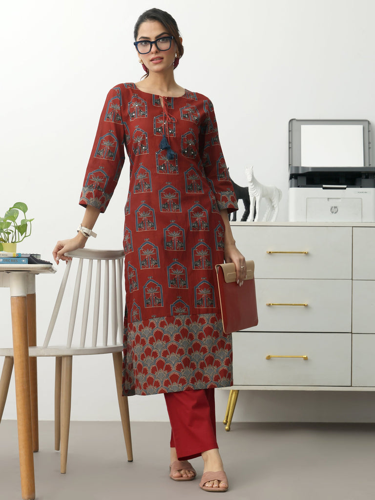 Gerua Rust Ethnic Motifs Printed Cotton Blend Straight Kurta Set