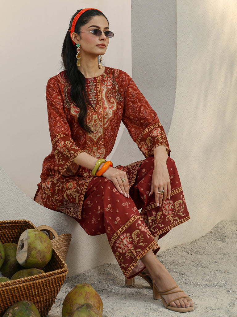 Libas Rust Ethnic Printed Cotton Blend Co-Ord Set