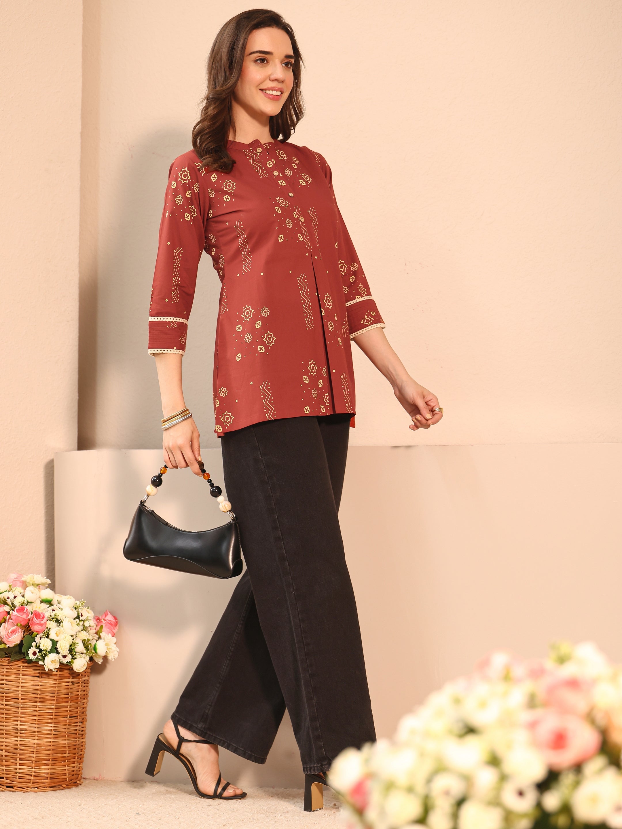 Libas Rust Ethnic Printed Cotton Straight Short Kurti-picture-12