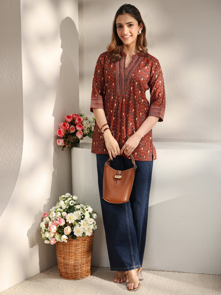 Libas Rust Ethnic Printed Silk Blend Straight Short Kurti