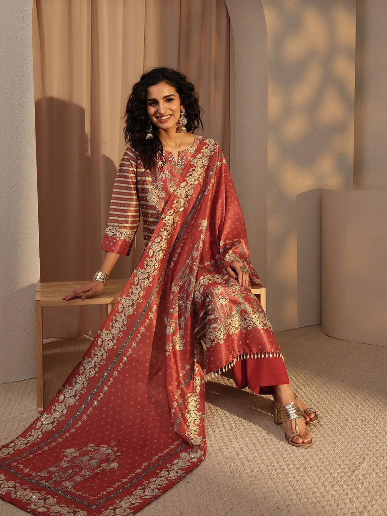 Libas Rust Ethnic Printed Silk Blend Straight Suit Set With Dupatta