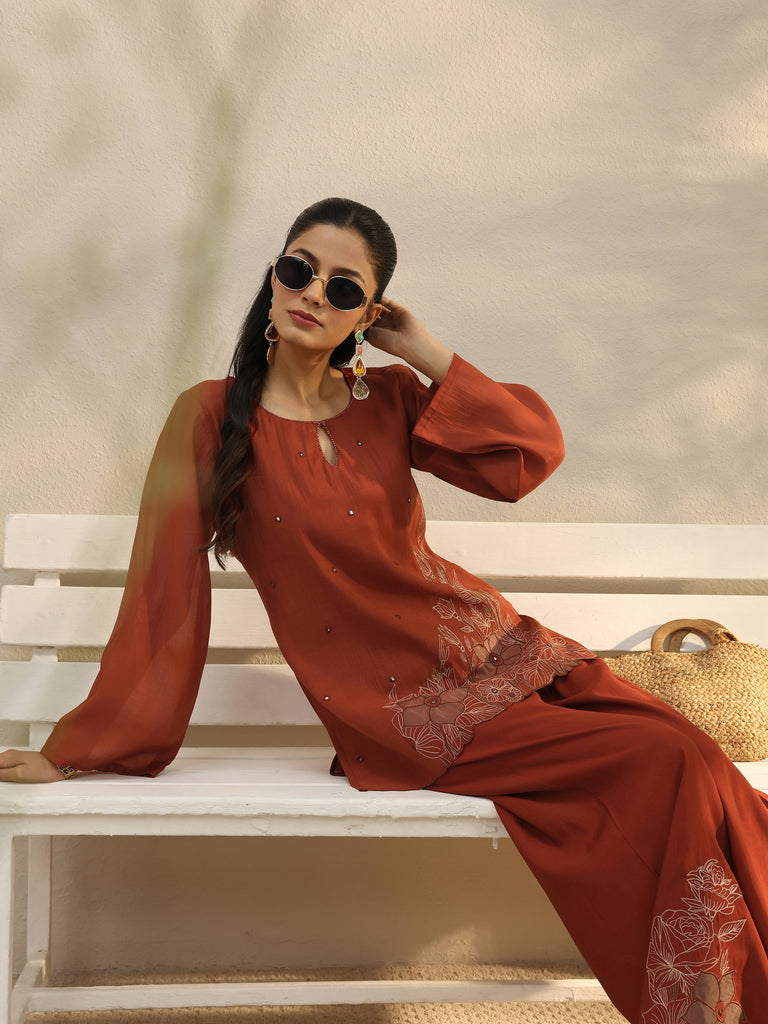 Libas Rust Floral Embroidered Chanderi Silk Co-Ord Set