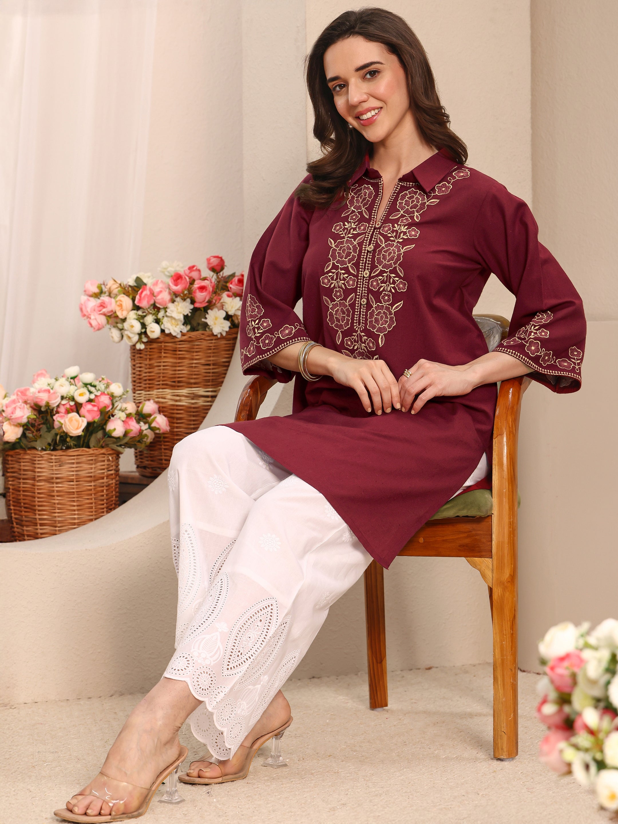 Libas Rust Floral Embroidered Cotton Straight Short Kurti-picture-29