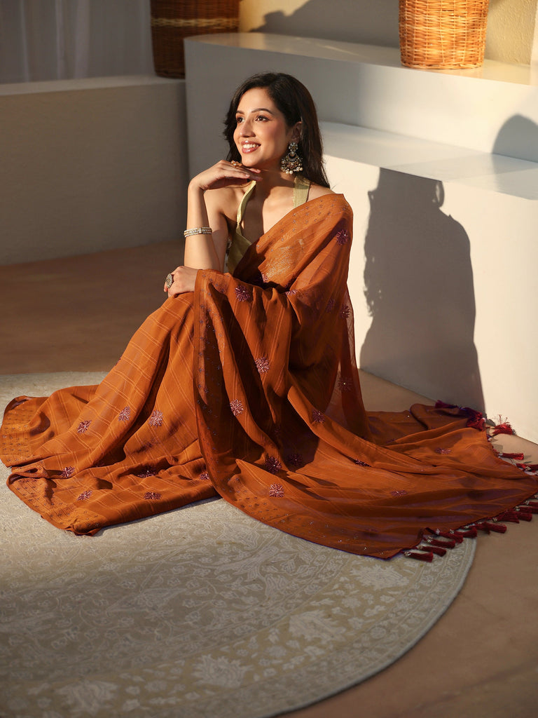 Libas Rust Floral Embroidered Georgette Saree