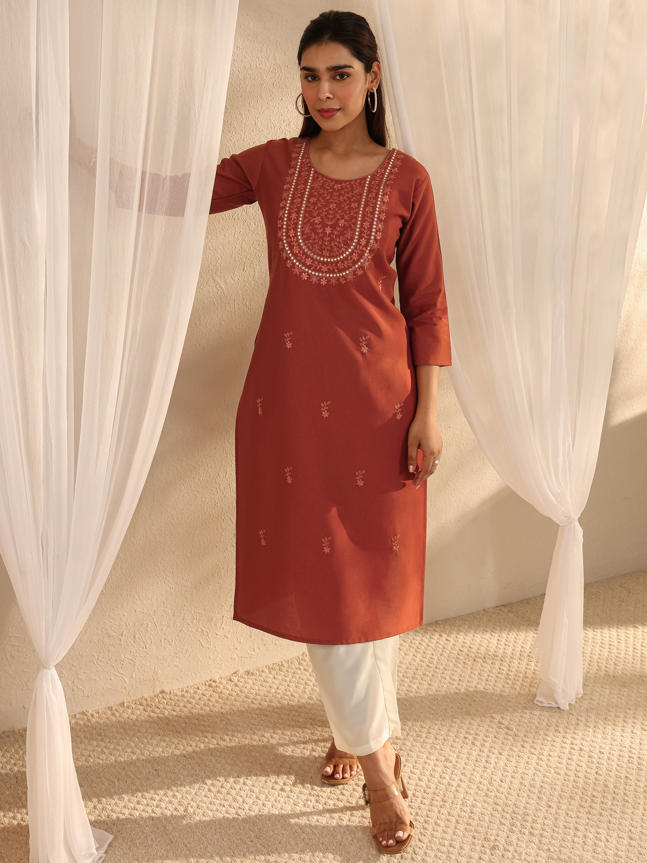 libas Rust Floral Embroidered Silk Blend Straight Kurta-picture-50